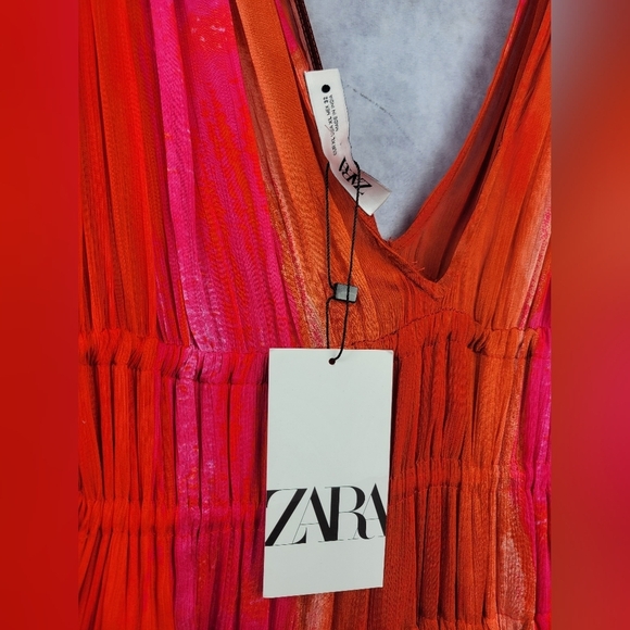 Zara Viscose Ombre Pleated V-neck Side/Shoulder ties Lined Maxi Dress Size XL - Picture 9 of 13